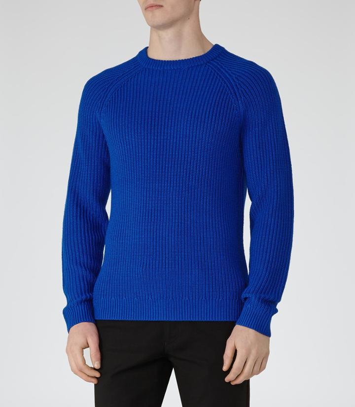 Reiss Cookly - Mens Ribbed Crew-neck Jumper In Blue, Size S