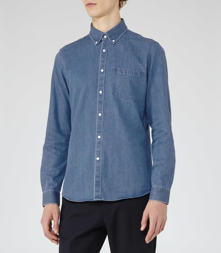 Reiss Garison - Washed Denim Shirt In Blue, Mens, Size S