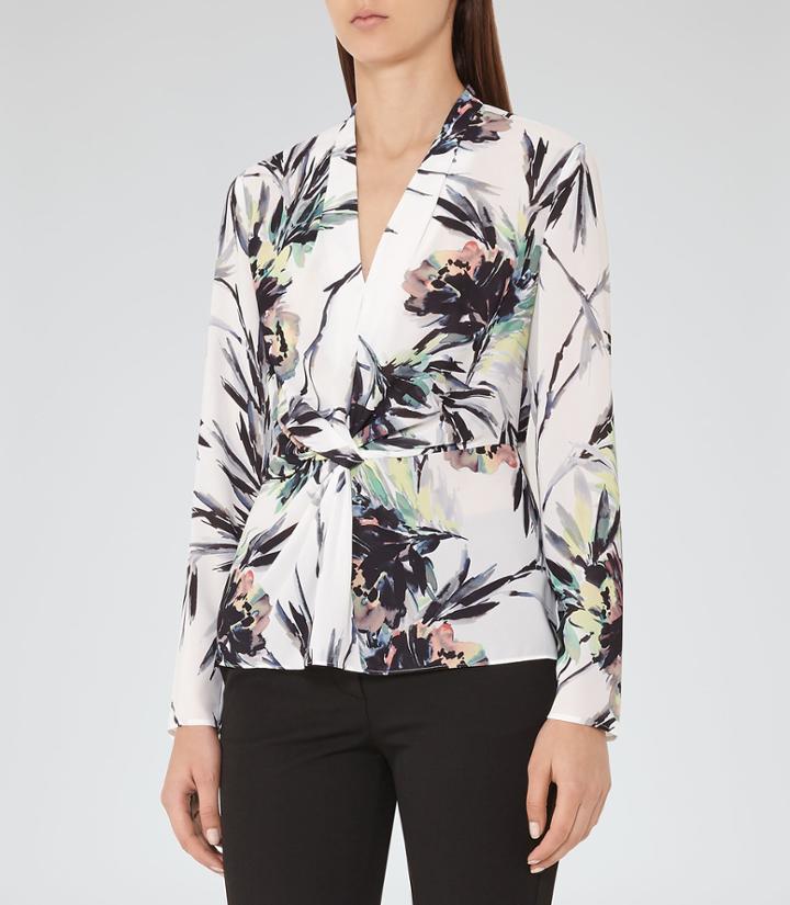 Reiss Maria - Printed Twist-front Top In White, Womens, Size 0
