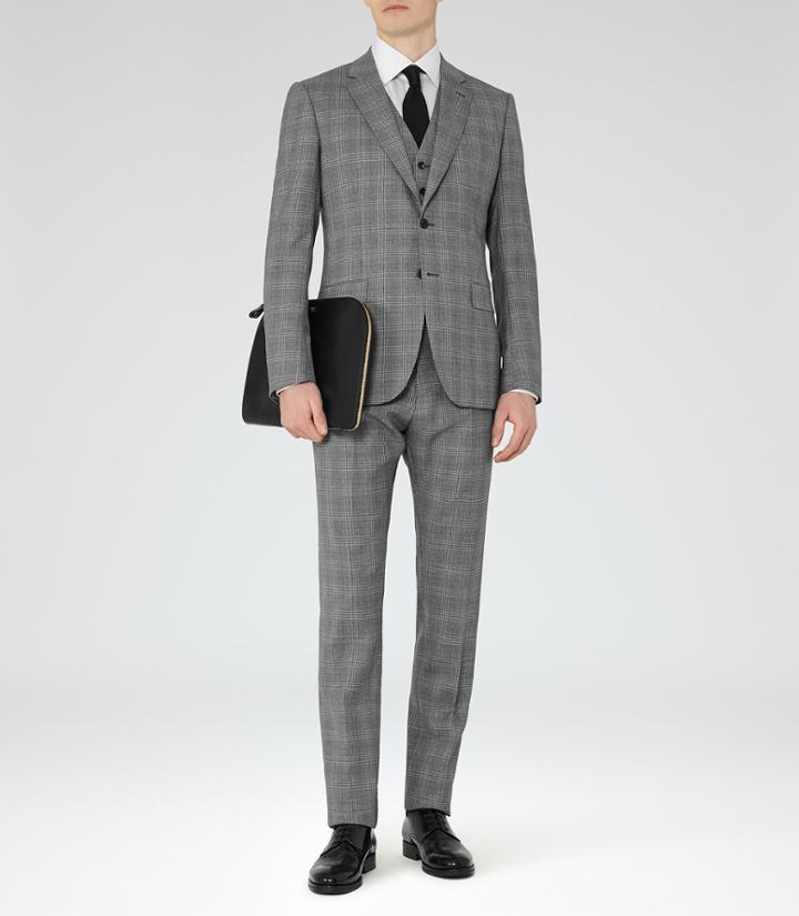 Reiss Crow - Mens Modern-fit Check Suit In Grey, Size 36