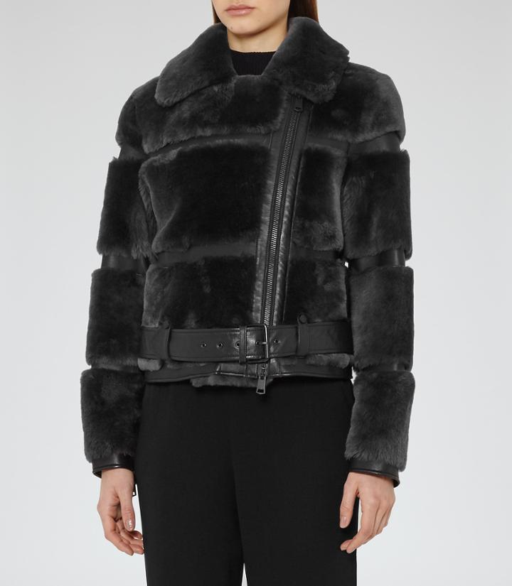 Reiss Ellie - Womens Leather And Shearling Jacket In Purple, Size Xs