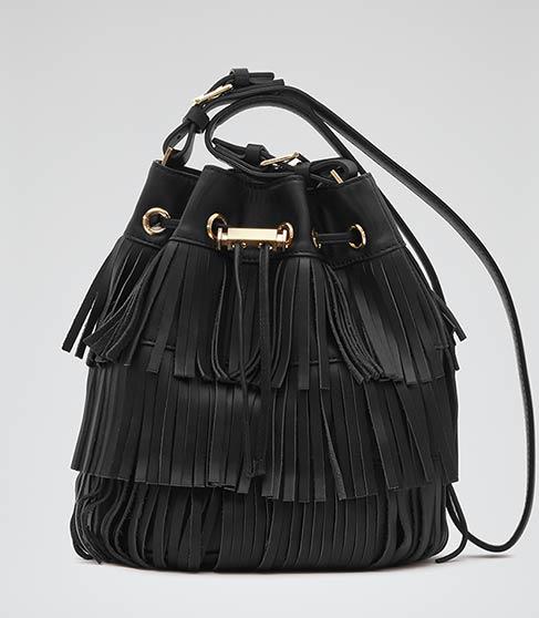 Reiss Stevie Fringed Leather Bucket Bag