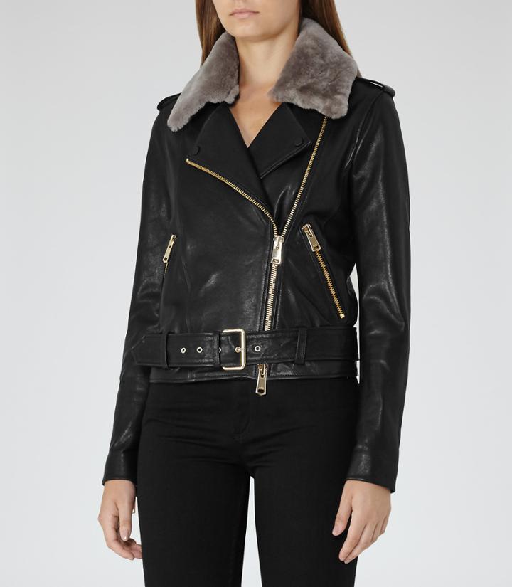 Reiss Dree - Shearling And Leather Jacket In Black, Womens, Size 0