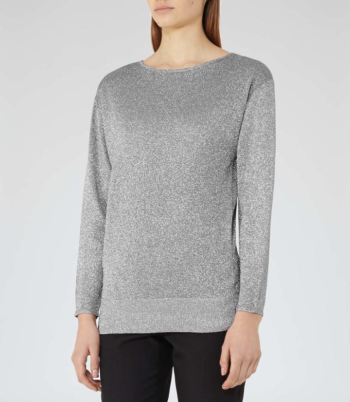 Reiss Rhea - Metallic V-neck Jumper In Grey, Womens, Size Xs