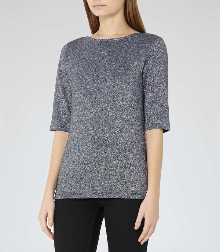 Reiss Joey - Womens Metallic Short-sleeved Top In Blue, Size Xs