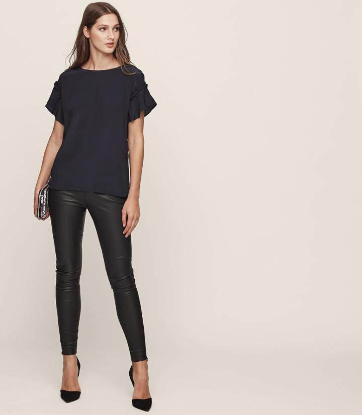 Reiss Mell - Silk-front Ruffle Detail Top In Blue, Womens, Size S