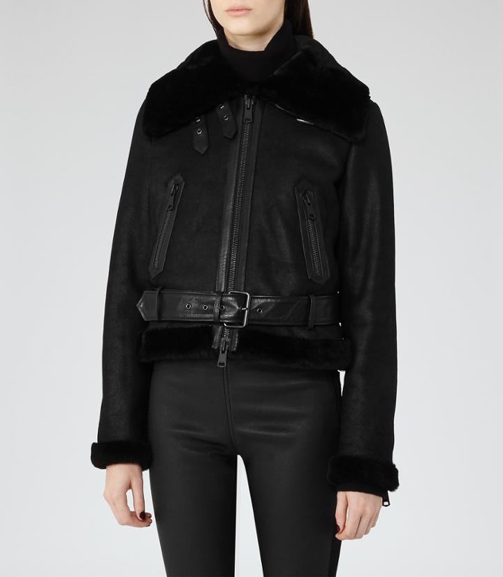 Reiss Nell - Womens Shearling Biker Jacket In Black, Size S