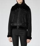 Reiss Nell - Womens Shearling Biker Jacket In Black, Size S