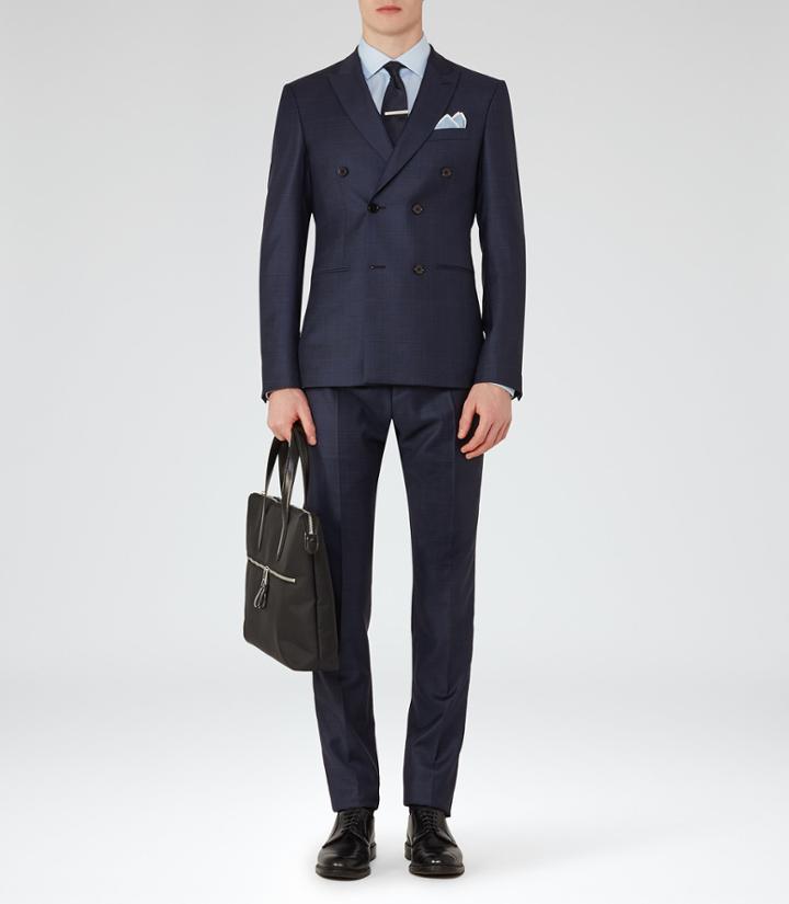Reiss Arno - Mens Double-breasted Check Suit In Blue, Size 36