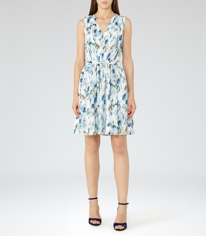 Reiss Frida - Womens Printed V-neck Dress In Blue, Size 6