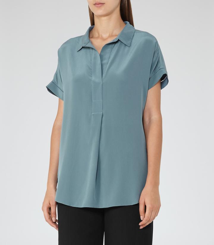 Reiss Palma - Womens Open Collar Silk Shirt In Blue, Size 4