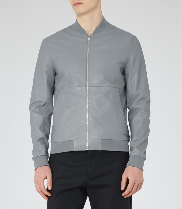 Reiss Billy - Leather Bomber Jacket In Grey, Mens, Size S