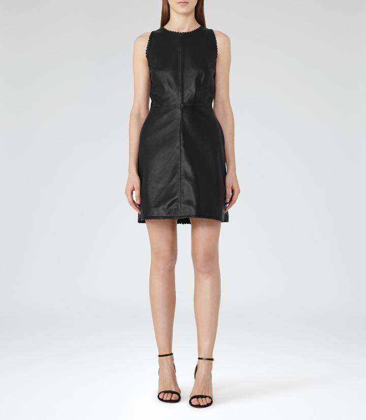 Reiss Sahara - Leather Fit And Flare Dress In Black, Womens, Size 0