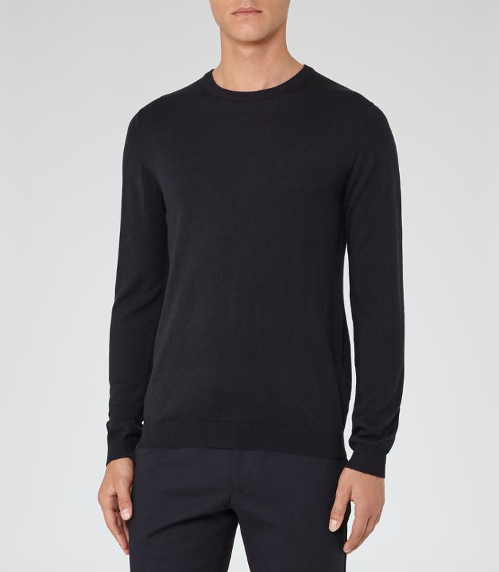 Reiss Hart - Merino Crew Neck Jumper In Blue, Mens, Size Xs