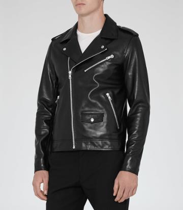 Reiss Honne - Mens Stud Leather Biker Jacket In Black, Size S