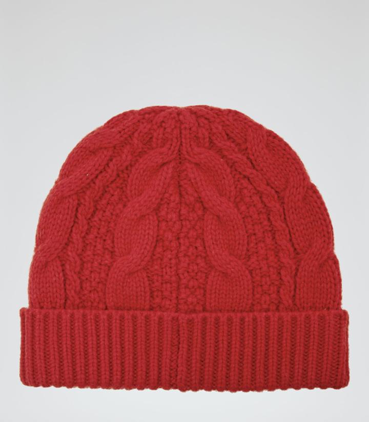 Reiss Nake - Mens Cable Knit Beanie Hat In Red, Size One Size