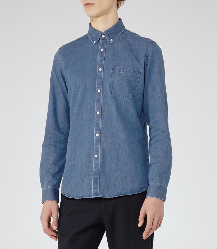 Reiss Garison - Washed Denim Shirt In Blue, Mens, Size Xs