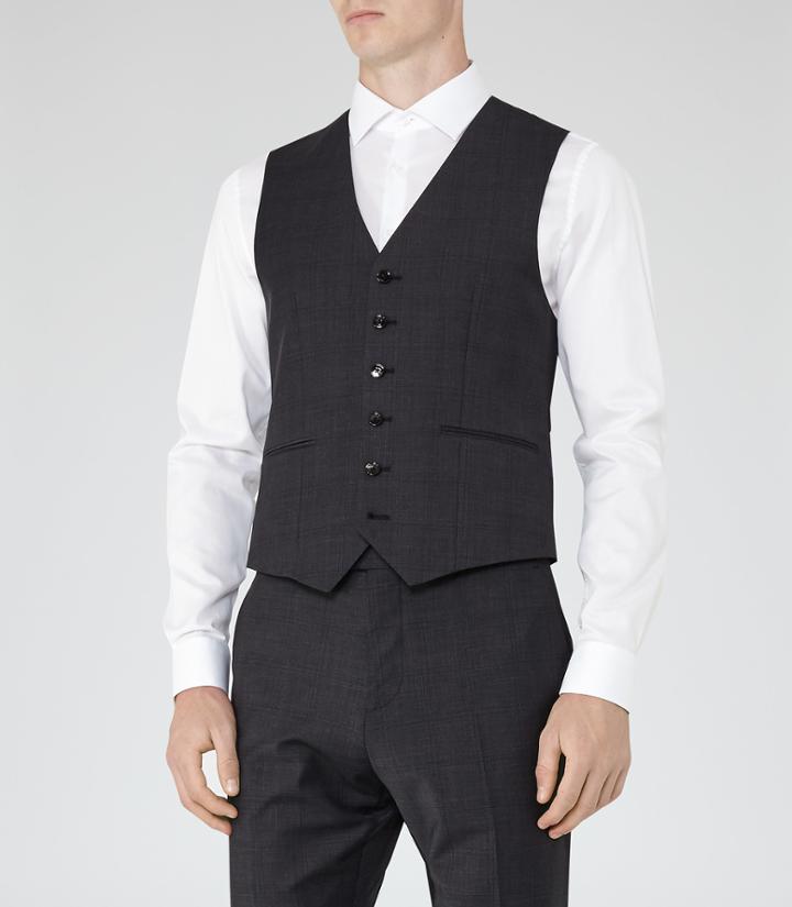 Reiss Gaffer W - Mens Check Weave Waistcoat In Grey, Size 38