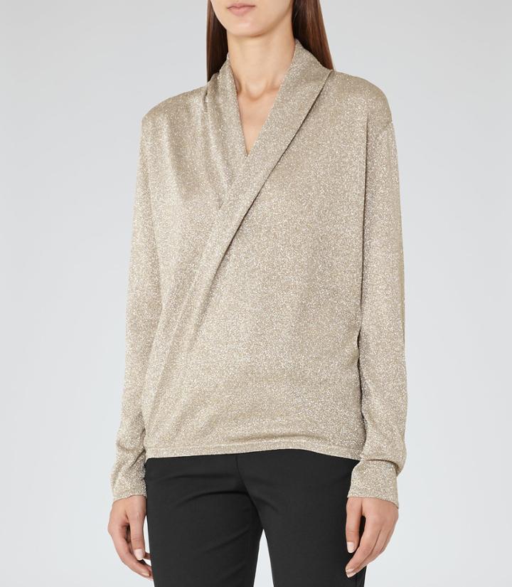 Reiss Ilyssa - Womens Metallic Wrap-front Top In Brown, Size S