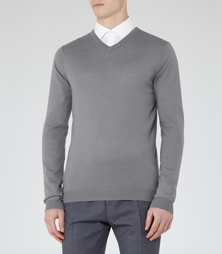 Reiss Emporer - Merino V-neck Jumper In Blue, Mens, Size M