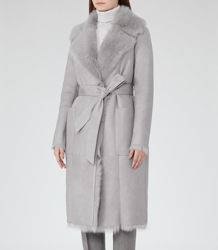 Reiss Lennox - Womens Longline Shearling Coat In Grey, Size S