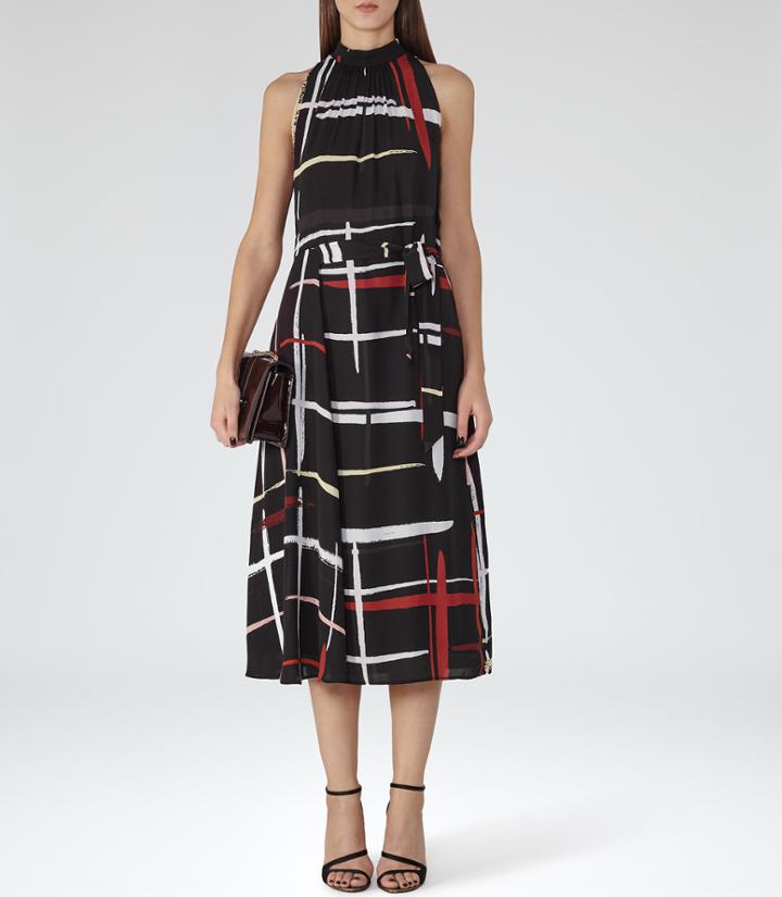 Reiss Lava - Womens Printed Midi Dress In Black, Size 4