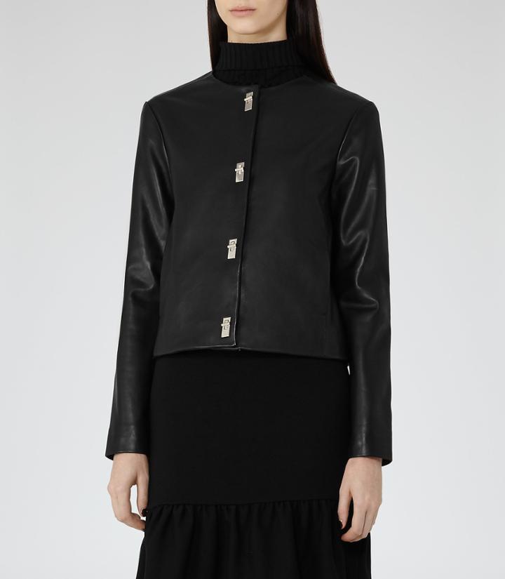 Reiss Hart - Womens Twist-lock Leather Jacket In Black, Size S