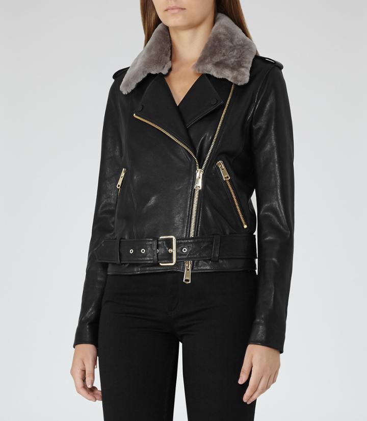 Reiss Dree - Shearling And Leather Jacket In Black, Womens, Size 2