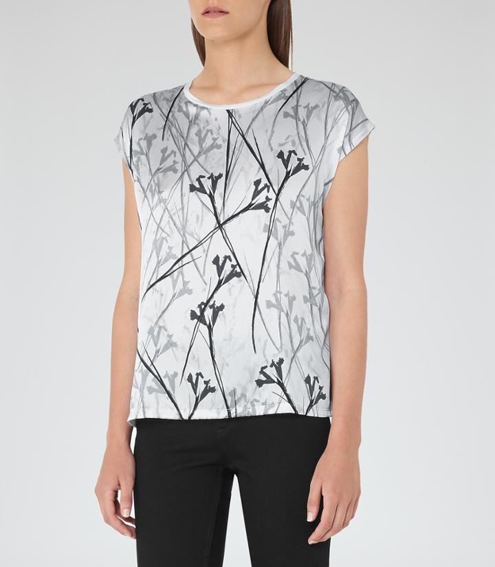 Reiss Jess - Womens Printed Silk Front T-shirt In White, Size Xs