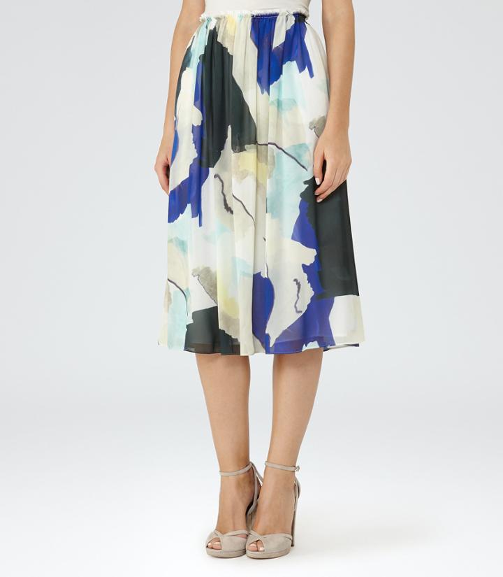 Reiss Sia - Printed Midi Skirt In Blue, Womens, Size 0