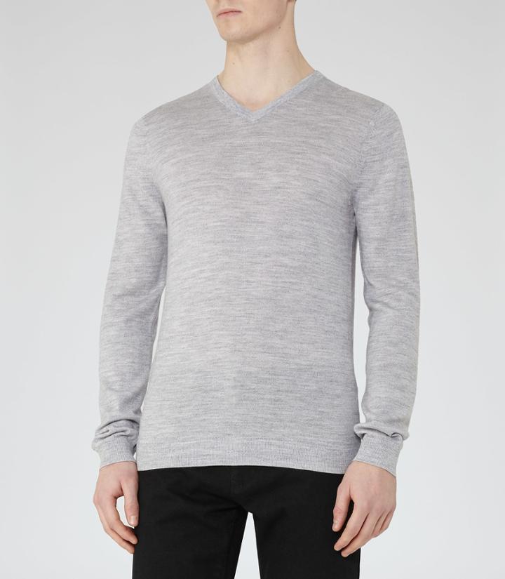 Reiss Emporer - Mens Merino V-neck Jumper In Grey, Size L