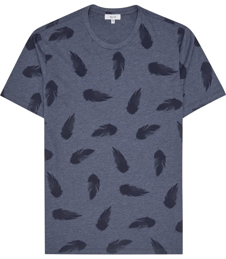 Reiss Heather - Mens Feather Print T-shirt In Blue, Size Xs