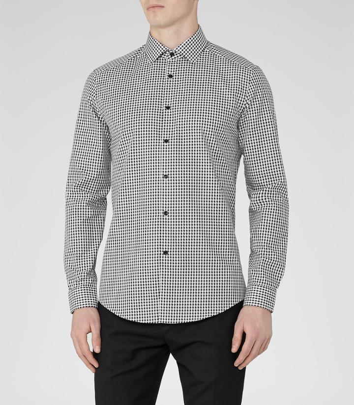 Reiss Onyx - Mens Houndstooth Check Shirt In Black, Size Xl