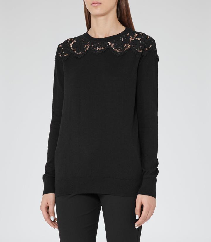 Reiss Emile - Womens Lace-shoulder Jumper In Black, Size S
