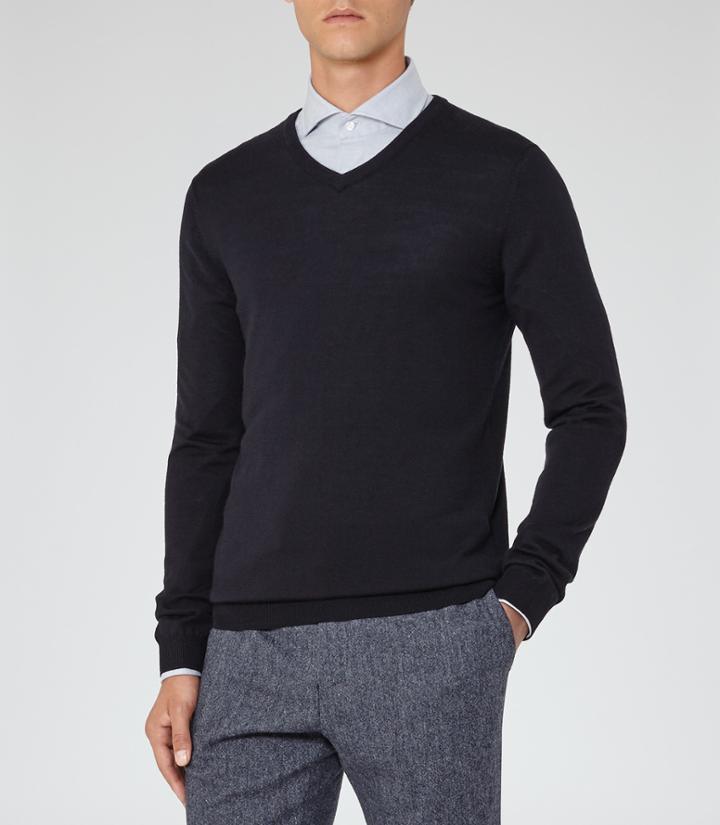 Reiss Emporer - Mens Merino V-neck Jumper In Blue, Size M