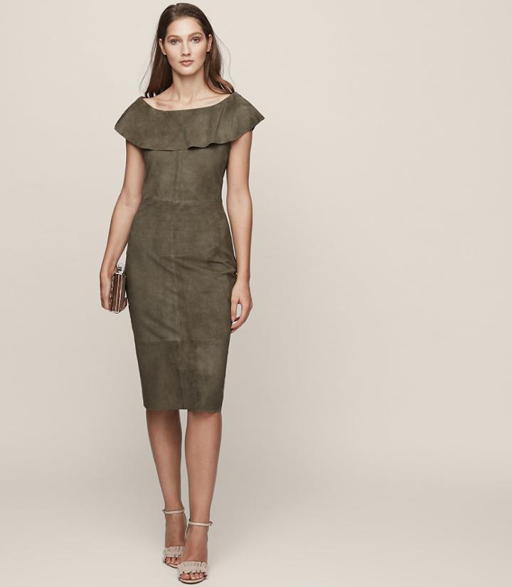 Reiss Fray - Suede Ruffle-neck Dress In Brown, Womens, Size 0