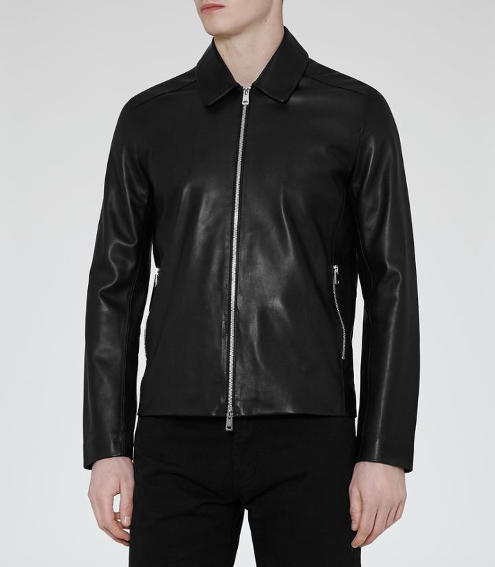 Reiss Dylon - Mens Collared Leather Jacket In Black, Size M