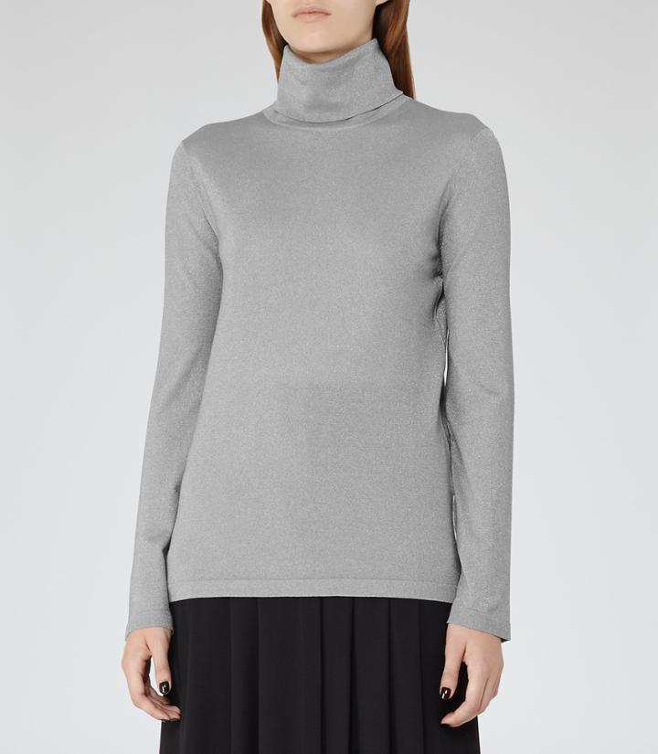 Reiss Sassy - Womens Metallic Roll-neck Top In Grey, Size S