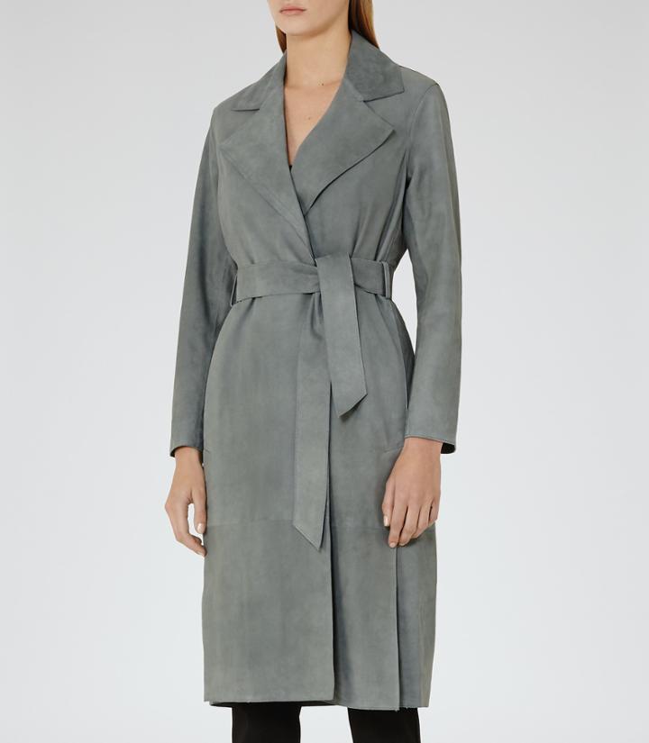 Reiss Maine - Suede Trench Coat In Green, Womens, Size 4