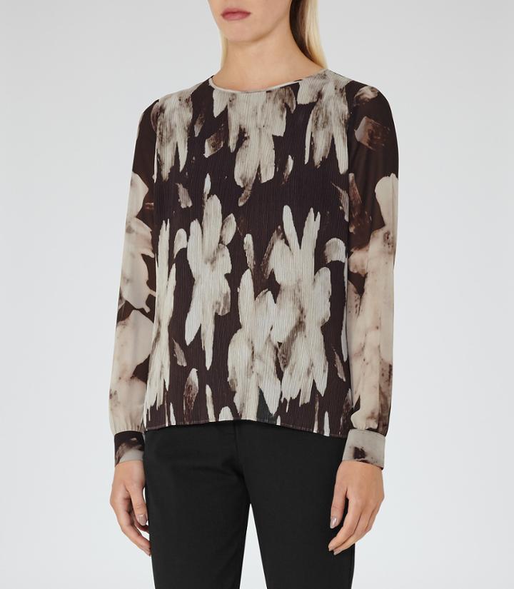 Reiss Shay - Womens Printed Plisse Top In Black, Size 4