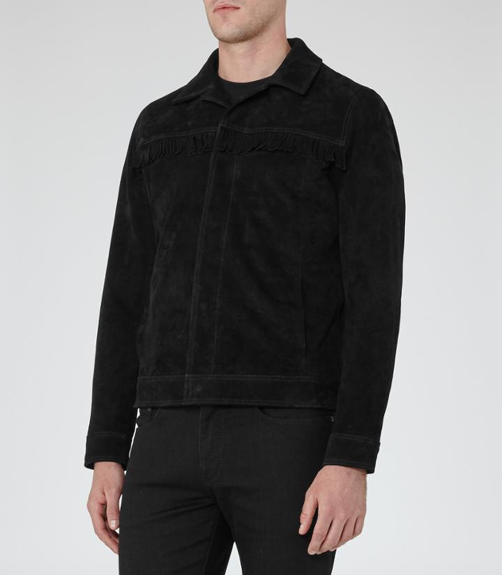 Reiss Outlander - Fringed Suede Jacket In Black, Mens, Size S