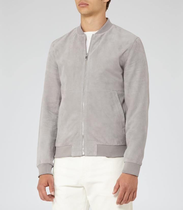 Reiss Basse - Mens Suede Bomber Jacket In Grey, Size S