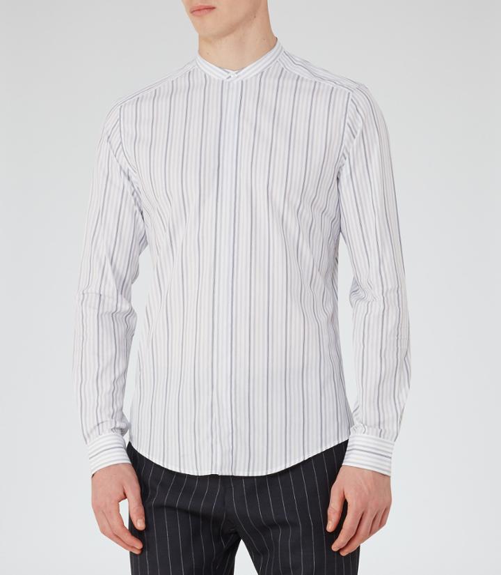 Reiss James - Mens Stripe Grandad Collar Shirt In White, Size S