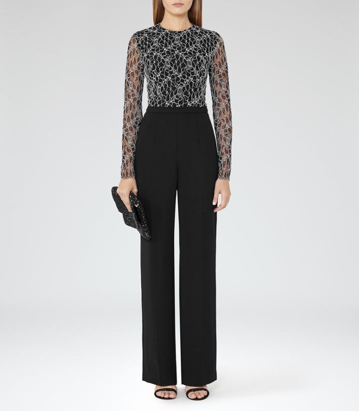 Reiss Mayenne - Womens Lace-top Jumpsuit In Black, Size 6