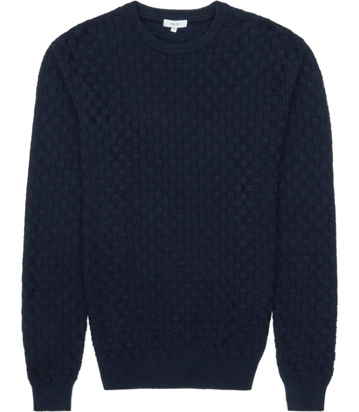 Reiss Prima - Mens Check Weave Jumper In Blue, Size Xs