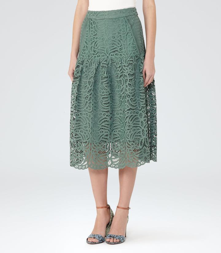 Reiss Eva - Lace Midi Skirt In Green, Womens, Size 0