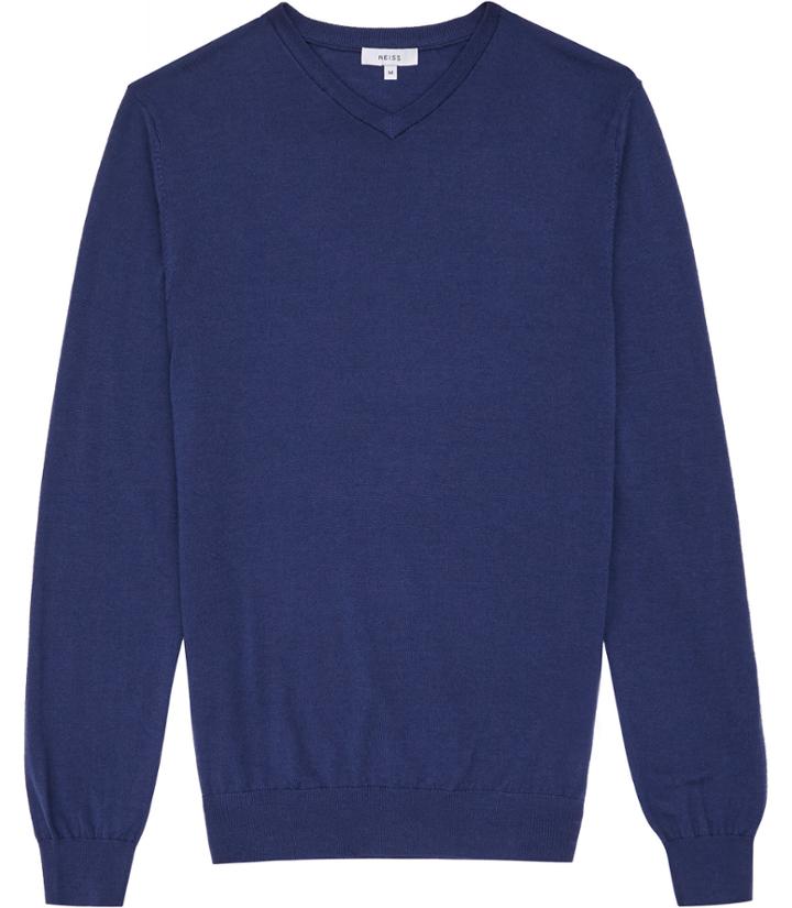 Reiss Emporer - Mens Merino V-neck Jumper In Blue, Size S