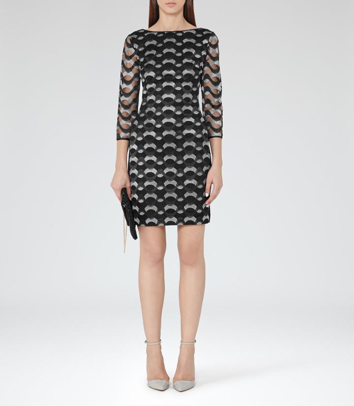 Reiss Mirte - Womens Embroidered Bodycon Dress In Black, Size 6