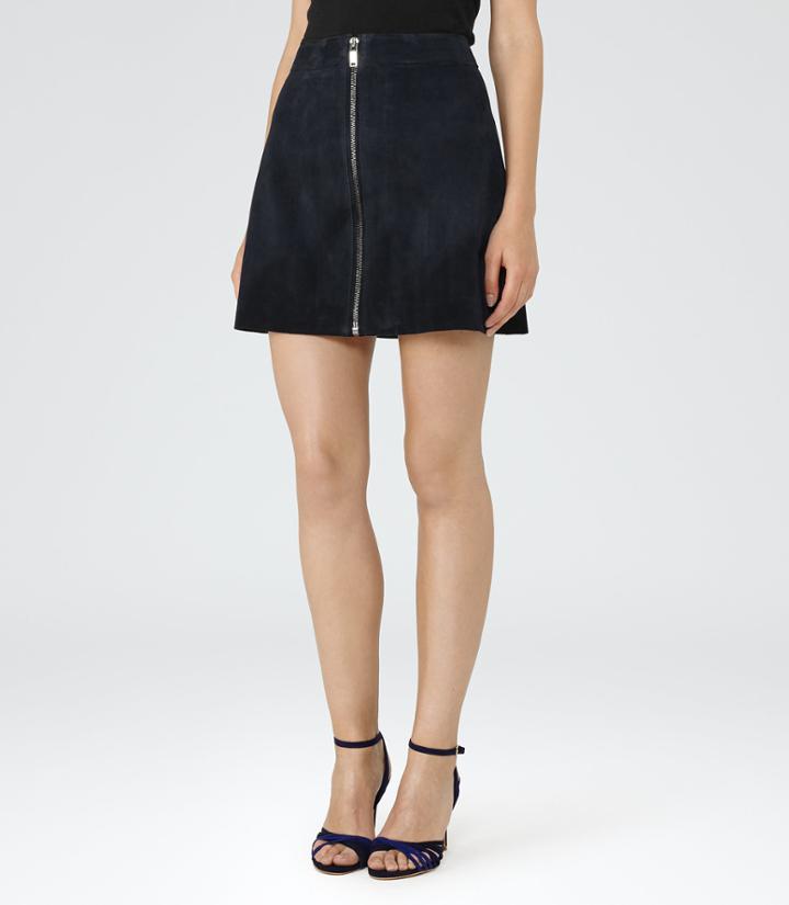Reiss Felicity - Womens Suede Zip-front Skirt In Blue, Size 6