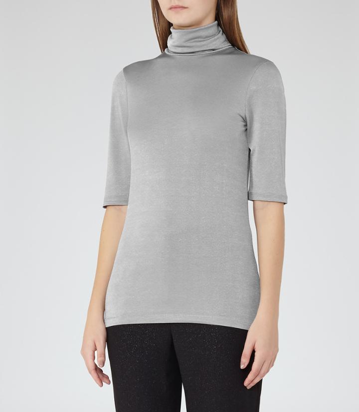 Reiss Britany - Metallic High-neck Top In Grey, Womens, Size L